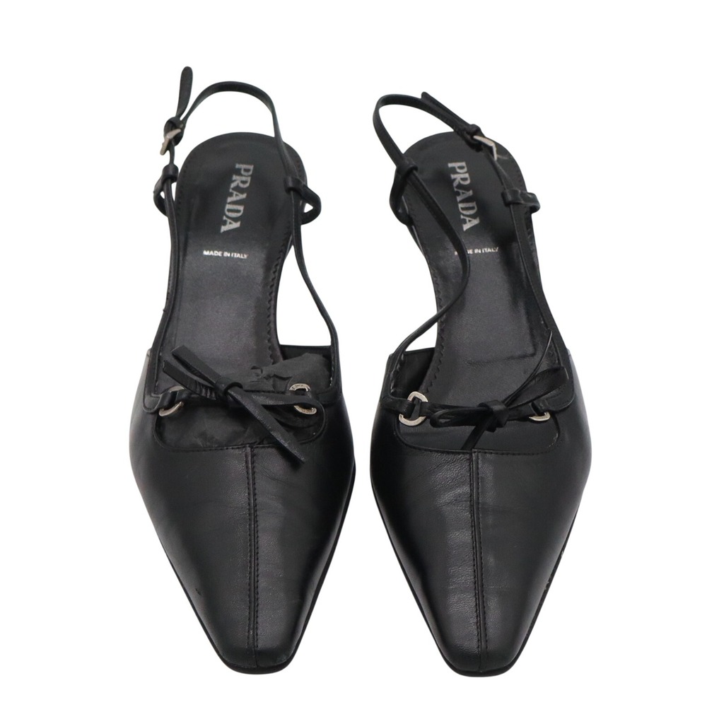 Prada Slingback Heels Womens 39.5 Pointed Toe Bow Black Leather Kitten Excellent
